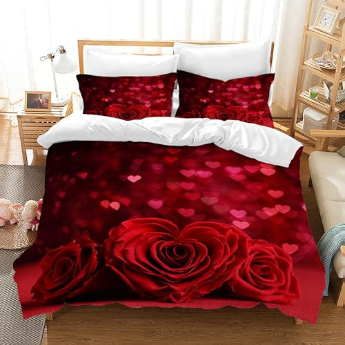 HZVRTN Bettwäsche 3D Rot Rose Bettbezug Set mit Reißverschluss und 2 Kissenbezug, Mikrofaser Kreative Rose Bettwäsche Set 3 Teilig für Erwachsene Kinder (Herz-Rosen, 200x200cm)