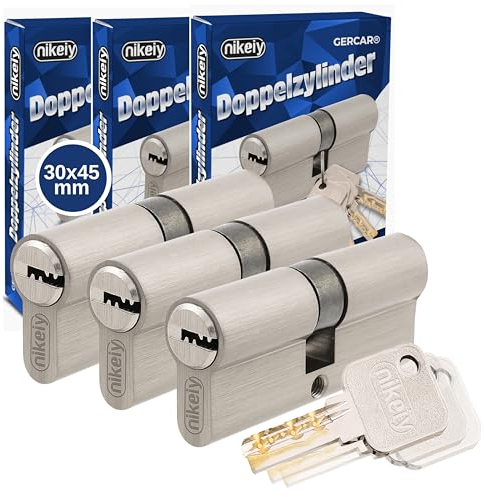 GERCAR Pro Juego de 3 cilindros de cierre de perfil, 30/45, cierre uniforme, macizos, cilindro doble, cerradura de cilindro de latón mate, incluye 10 llaves reversibles, longitud: 75 mm, A: 30 B: