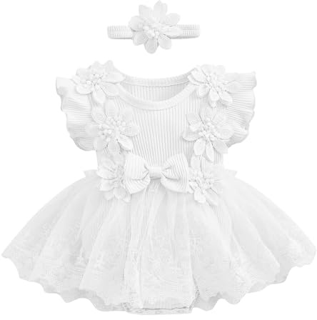 Odizli 1 Geburtstag Mädchen Outfit Kurzarm Strampler Kleid Blume Spitze Tüllkleid+Stirnband Kleidung Sommer Babykleidung Neugeborene Erstausstattung Babysachen Set Baby Fotoshooting Weiß 6-12 Monate