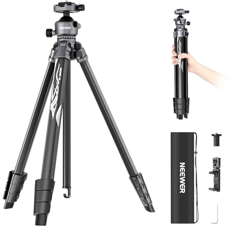 NEEWER LITETRIP LT07 61 Aluminum Travel Tripod for Camera w Pan Tilt Low Profile Ball Head, Arca QR Plate Compatible with Peak Design Tripod Plate V3, Dual Center Axis, Phone Holder, Max Load 22lb