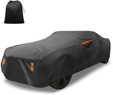 QUARKZMAN Autoabdeckung für Chevy Camaro 2010-2021 Aluminiumfolie Outdoor Vollgarage Wasserdichter Windschutz Schutz mit Fahrertür-Reißverschluss Schwarz