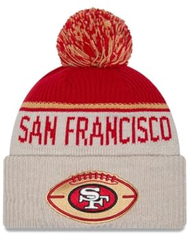 New Era San Francisco 49ers NFL 2024 Sideline Historic Sport Knit Beige Rot Bommelmütze - One-Size