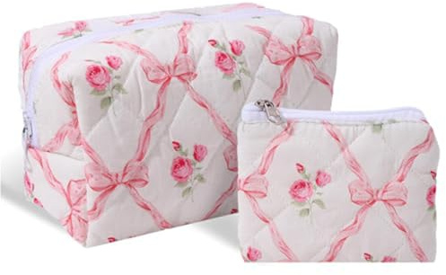 Hebterrka Lot de 2 trousses de maquillage mignonnes rembourrées avec nœud en coton avec porte-monnaie Sac de rangement pour rouge à lèvres et pinceaux