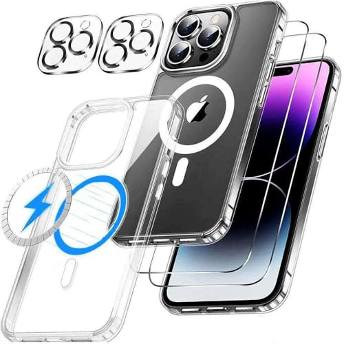 Alphn für iPhone 14 Pro Hülle 5 in 1 - Ultra Dünne Handyhülle - 1 Schutzhülle mit MagSafe - 2 Schutzfolien, 2 Kameraschutz - Magnetische Hülle, Stoßfest - Nie Vergilbend - Transparent - Kratzfest