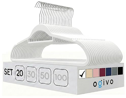 OGIVO Kleiderbügel Samt 20er Set (Weiß) 360° drehbarer Haken rutschfest | Hangers Clothes, Krawattenhalter, Schulterkerben, Hosenbügel, 360° drehbarer Haken, rutschfest
