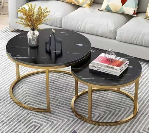 XBDLYQBD Runder Couchtisch 2er Set, Couchtisch Holz, Modernes Beistelltisch Set mit Metallgestell für Wohnzimmer, Balkon, Büro