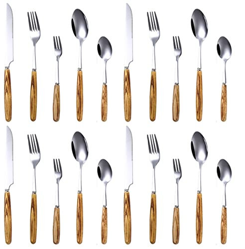 OLSKFUH Besteck-Sets 20-Teilig Edelstahl Steakbesteck Westernmesser Und Obstgabel Dessertlöffel Echter Natürlicher Holzgriff,