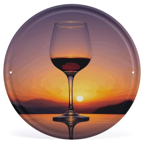 Rundes Eisen-Hängebild mit Sonnenuntergang, Weinglas, mit Muster, gedruckte Wandkunst, Dekor, runder Wand-Bilderrahmen, hängende Malerei, Kunst, hängendes Bild für Heimdekoration