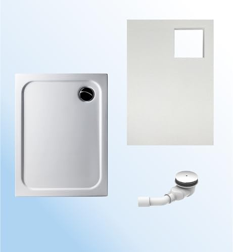 KOMPLETT-PAKET: Duschwanne superflach 2,5cm weiß Acryl + Wannenträger + Ablaufgarnitur chrom DN 90 / Gesamthöhe ca. 14cm; verschiedene Größen/Deutscher Hersteller (weiß, 110 x 80 cm)
