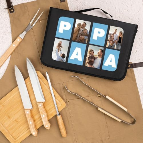Wanapix | Personalisiertes BBQ-Set | Enthält 6 Ubehörteile (2 Messer, Schärfer, Tranchiermesser,Zange,Bambusbrett) | LetterPapa