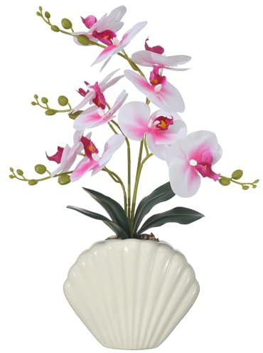 16 White and Pink Orchid Silk Phalaenopsis in Seashell Pot for Table Décor | Realistic Orchid Artificial Flower in Unique Shell Ceramic Pot for Home Office Shelf Table Centerpiece, Zero Maintenance