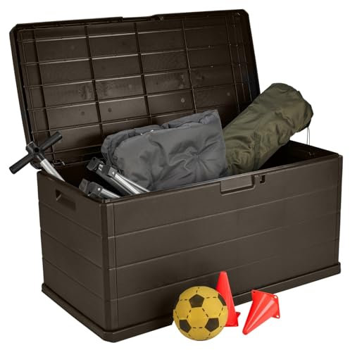 URBN GARDEN 350L Heavy Duty Plastic Garden Storage Box, Huge Capacity Patio Deck Outdoor Container with Lockable Lid, Handles & Wheels, Weather Resistant Shed for Tools, Cushions, Accessories, Brown