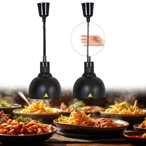 BOVDC Lampada Riscaldante Cucina, 250W Lampada Riscaldante per Alimenti Regolabile, Lampada Scaldavivande Ristorante Sospeso 19 cm/25 cm per Ristoranti, Hotel a Buffet (Nero-25cm,2 Pezzi)