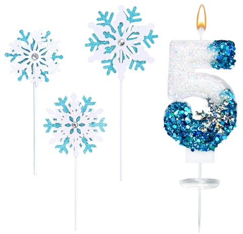 Bougie Anniversaire 5 Ans, 4 Pièces Ensemble de Bougies Chiffre 5 d'anniversaire à Paillettes Bleu Blanc avec 3 Décorations Flocons de Neige pour Gâteau d'anniversaire