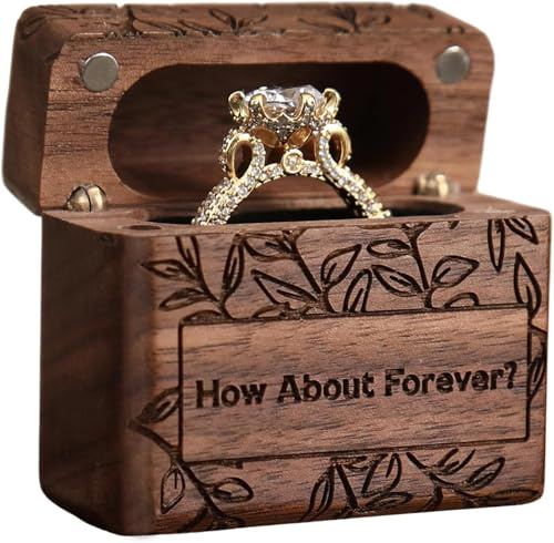 EVBTEIZ Ring Box, Wooden Ring Box for Wedding Ceremony Ring Bearer Box, Engagement Ring Holder Gift for Anniversaries day, Birthday Gift (How About Forever?)