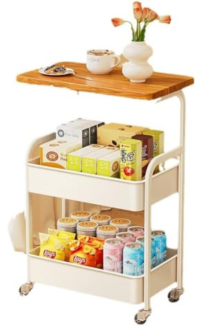 Crevyteg Chariot de rangement à roulettes avec plateau de table, chariot de rangement de cuisine en métal à 3 niveaux avec panier de rangement en maille et roulettes verrouillables, organiseur