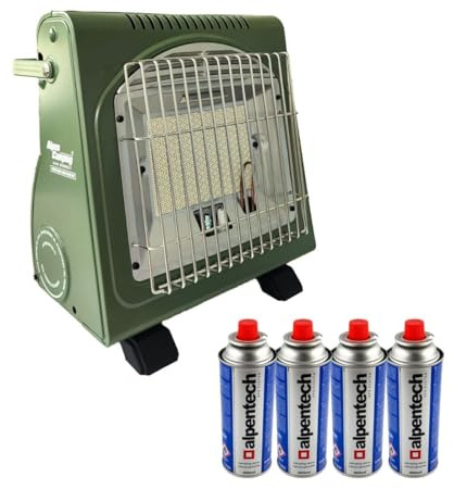 Alpen Camping - Riscaldatore a gas da 1700 W + 4 cartucce gas butano, riscaldatore supplementare per esterni, verde con sicurezza termocoppia ODS