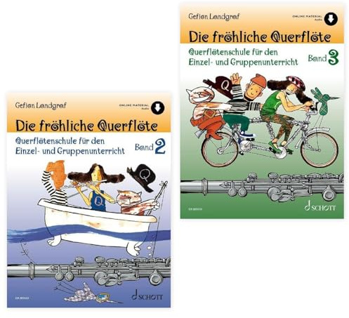 Einsteiger-Set: Die fröhliche Querflöte Band 2 + Band 3 — Querflötenschule für den Einzel- und Gruppenunterricht — Gefion Landgraf (Schott Music) — mit Soundman-Notenheft + zwei Notenbleistiften