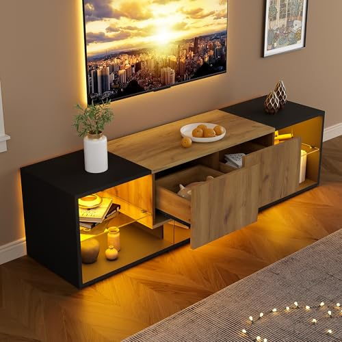 ECLIVON TV-Schrank Fernsehschrank mit LED Streifen, Lowboard TV Board | Für Wohnzimmer, Fernsehtisch 160 cm lang von 47 bis 65 Zoll, Mit 2 Stauraum Schubladen und Offener Regal, Sideboard, Schwarz