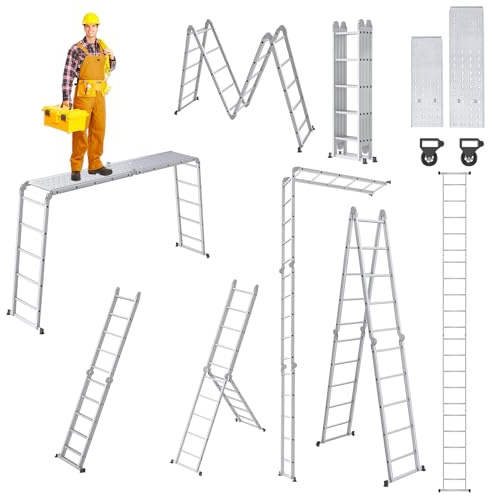 SAILUN Multi-Purpose Ladder, 6-in-1 Folding Adjustable Ladder, Work Platform with 2 Scaffold Plates, 150kg Capacity, Anti-Slip Feet, for Home, Office, 4 x 5 Steps