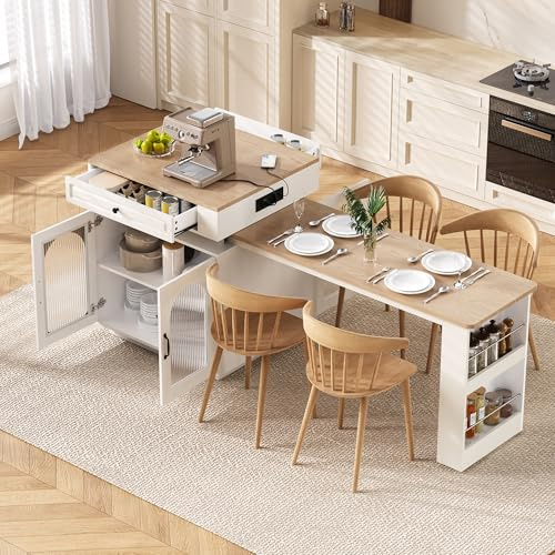 Kebnor Isla de cocina con ruedas, mesa de comedor extensible con iluminación LED, mesa de bar con regletas, sirve como isla de cocina, aparador, aparador o mesa de bar para cocina y comedor (blanco)