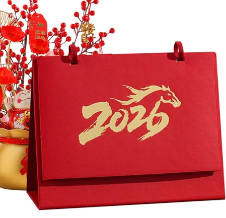 Calendrier de bureau année du cheval – Fournitures de planification 2026 sur 12 mois, organisateur de bureau pour festival du printemps avec illustrations sur le thème des chevaux, bureau, maison