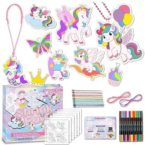 63PC Einhorn Schrumpffolie Bastelset für Kinder - 24 Stück Zauberhafte Motive mit 12 doppelseitigen Stiften, Perlenketten und Wachsbändern, DIY Schlüsselanhänger zum Bemalen für Mädchen ab 6 Jahren