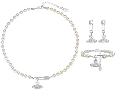 JewelryWe Saturn Schmuckset Damen Edelstahl Kunstperlen Choker Halskette Armband Ohrringe Set Weltraum Planet Schmuck mit Zirkonia Geschenk für Valentinstag Hochzeit Geburtstag