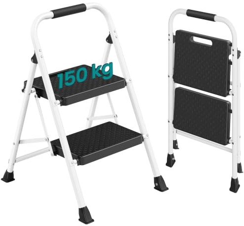 SONGMICS Trittleiter, Klapptritt aus Stahl, 2 Stufen, Klappbar | Haushaltsleiter, Küchentritt, bis 150 kg Belastbar, 54,5 x 46,5 x 79 cm, Weiß, BRODY Kollektion GSL202WZ01