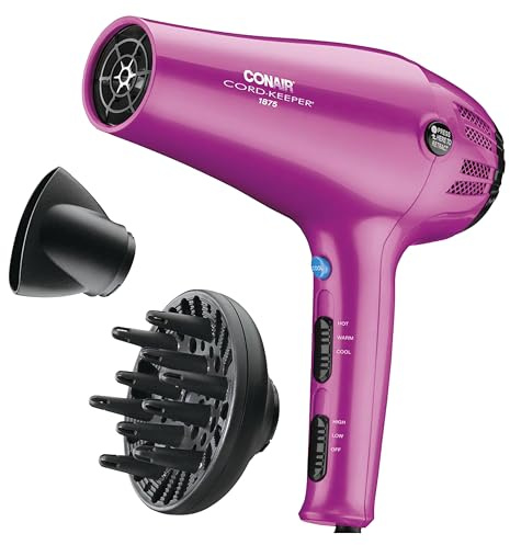 Conair Hair Dryer with Retractable Cord, 1875W Blow Dryer, 3 Heat Settings, 2 Speeds, Blow Dryer with Diffuser and Concentrator Attachments, Ionic + Tourmaline Technology, Pink