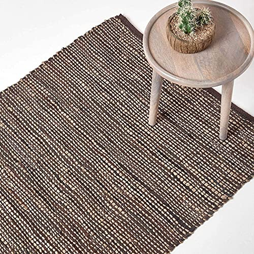 Homescapes Teppich Madras braun 120x180 cm – handgewebter Teppich aus Hanf & Recycling-Leder, Flachgewebe im Streifen-Design