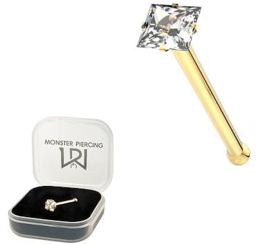 Monster Piercing - 14K Gold Echtgold | Goldenes Nasenpiercing Nasenstecker Stud | Kristallstein | Stabstärke: 22G (0,6 mm) | Stablänge: 6mm | Steingröße: 1,5mm oder 2mm | Hypoallergen