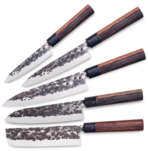 3 Claveles Juego de 5 Cuchillos Profesionales Estilo Japonés Gama Osaka, Hojas Unicas Forjadas a Mano
