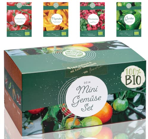 Bio Mini Gemüse Anzuchtset - 4 Sorten Bio Balkon Gemüse Samen. Perfektes Gemüseset für Topf, Fensterbank und Balkon. Perfekt für Kinder und Familie