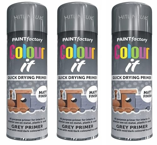 3 x Colour-IT Primer Grey MATT Spray Paint Plastic Metal Wood 250ML