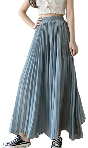Yimutian Chiffon Hosenrock Damen Elegant Chiffon High Waist Plissee Weites Bein Lang Hose Einfarbig Strandhose Freizeithose