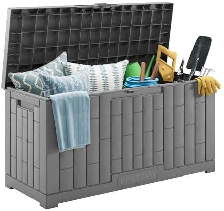EAST OAK Outdoor Storage Box, 60 Gallon Deck Box Indoor and Outdoor Use, Waterproof Resin Storage Bin for Patio Cushions, Gardening Tools, Lockable, UV Resistant, Grey
