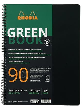 Rhodia 119914C Spiralbuch Greenbook A4+ 80 Blatt liniert Kopfleiste Schwarz