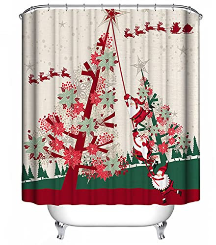 EHOMERY Duschvorhang Dachschräge Badewanne Duschrollo Extra Lang Weihnachtsbaum Weihnachtsmann Polyester Rot Grün Rostfreie Ösen Und 12 Hakenringe, 180X180Cm