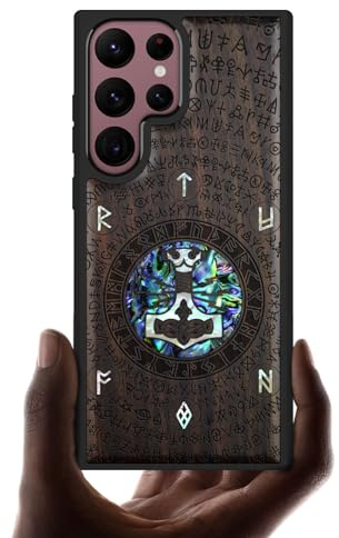Carveit Designer Wooden Case for Samsung Galaxy S22 Ultra Case Cover [Wood Engraving & Shell Inlay] Wood Phone Case Compatible with Wireless Chargers Galaxy S22 Ultra Case (Thors hammer-Blackwood)