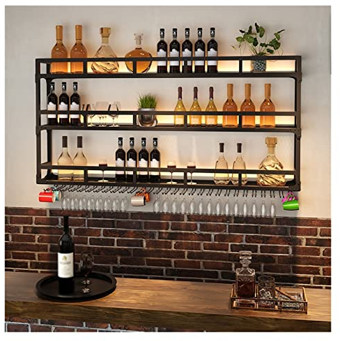 GOCHUSX LED Wine Racks Wall Mounted, Industrial Metal Hanging Wine Rack, Rustic Bottle Holder Glass Rack, 3-Tiers Bar Shelves For Home, Dining Room(Black,150X25X90cm)