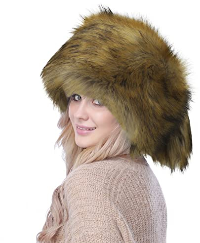 NICEYEA Damen Pelzmütze Fellmütze Russische Kunstpelzmütze Ohrenwärmer Faux Fuchs Warm Wintermütze Pompom Weich Stirnband Hut Winter Ski Fellimitat Schwanzkappe-Eleganter Kosakenstil