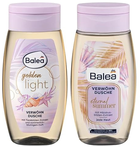 Balea 2er-Set Hautpflege: GOLDEN LIGHT Verwöhndusche mit sommerlich blumigen Duft, respektiert die natürliche Hautbalance (250 ml) + ETERNAL SUMMER Duschgel mit Hibiskusblüten Extrakt (250 ml) 500 ml