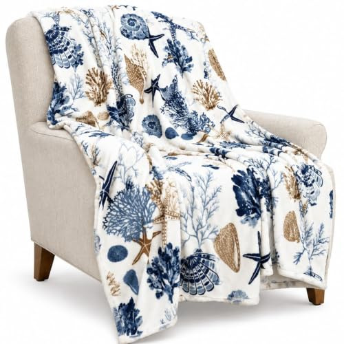 Ocean Life Coastal Throw Blanket: Soft Plush Velvet Fleece Blues Greys and Beige Brown on White, Accent with Shells Coral and Starfish, 50 x 70 Inches (Coral Reef)