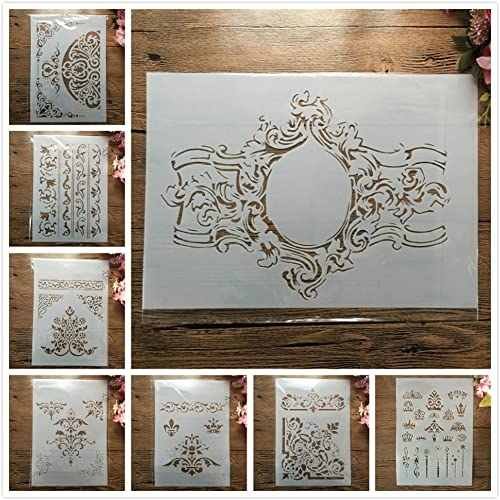 8 Stück A4 29 cm Vintage Palace Floral Schablonen zum Malen auf Holz, Leinwand, Papier, Boden, lasergeschnittene Malschablone für Heimdekoration, Bastelprojekte