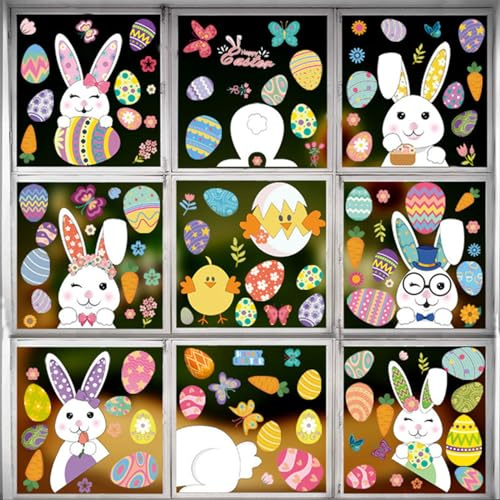 ForHome 9 Blätter Fensterbilder Selbstklebend Ostern, Fenster Ostern Deko mit Hasen Ostereier Küken, Fensterbilder Frühling PVC, Fensterfolie Dekorationen Wiederverwendbar für Kinderzimmer