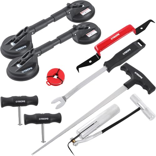 TECPO Windschutzscheiben-Reparaturset, Autoglas-Ausbau-Werkzeug, 2x Gummi-Doppelsauger Ø 118 mm, Verkleidungs-Lösewerkzeug, hitzebehandelter Chromstahl, verstärkte Griffe, inkl. Schneiddraht 180 cm