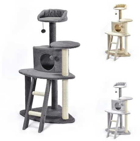 PATAM Árbol rascador de sisal Natural para Gatos con Escalera y caseta de Peluche, Base Reforzada y fácil Montaje, Altura 112 cm - Oasi Gris Oscuro