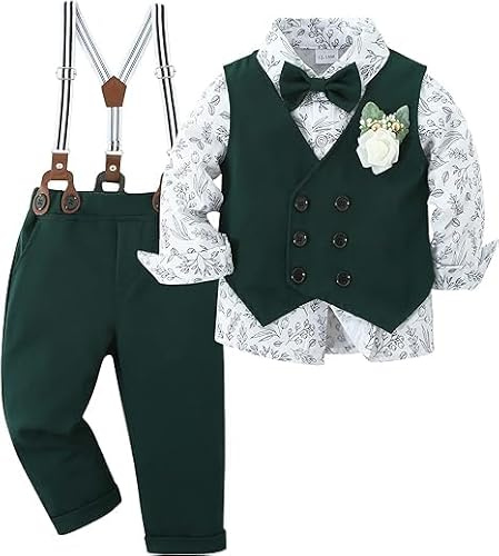 ZOEREA Baby Boy Gentleman Outfits Clothes Sets Infant Wedding Long Sleeve Formal Dress Shirt + Bowtie + Vest + Boutonniere + Suspender Pants Style 2 Green,12-18 Months