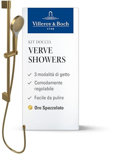Villeroy & Boch Verve Showers Ensemble de douche avec support de douchette réglable et douchette à 3 types de jet, système de douche avec pommeau de douche rond, or brossé